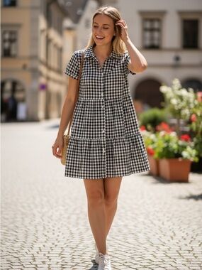 Elan Black & White Gingham Button-Front Tiered Mini Dress